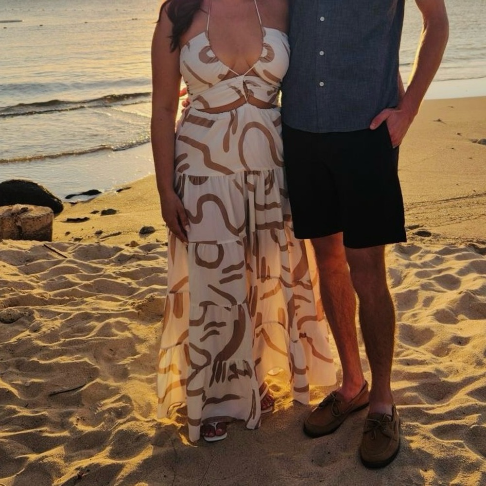 Elegant White and Brown Maxi Dress